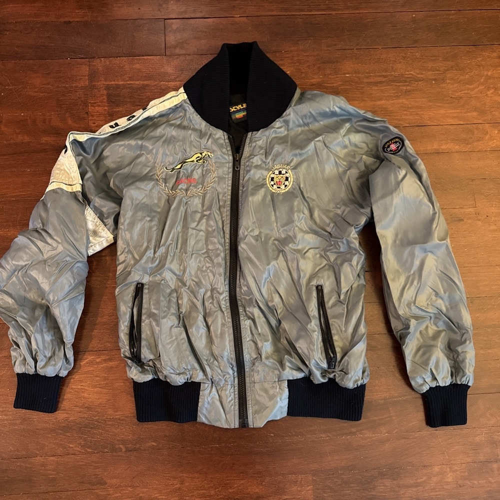 Vintage Jaguar Racing Track Jacket Windbreaker Mens Medium‎ Gray 80s 90s Nylon